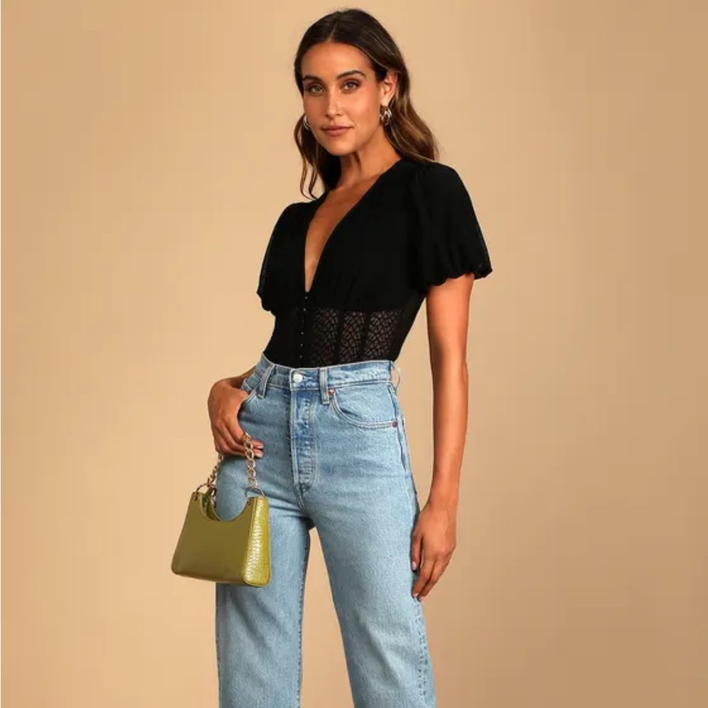 Lulus Properly Trendy Black Mesh Puff Sleeve Bodysuit